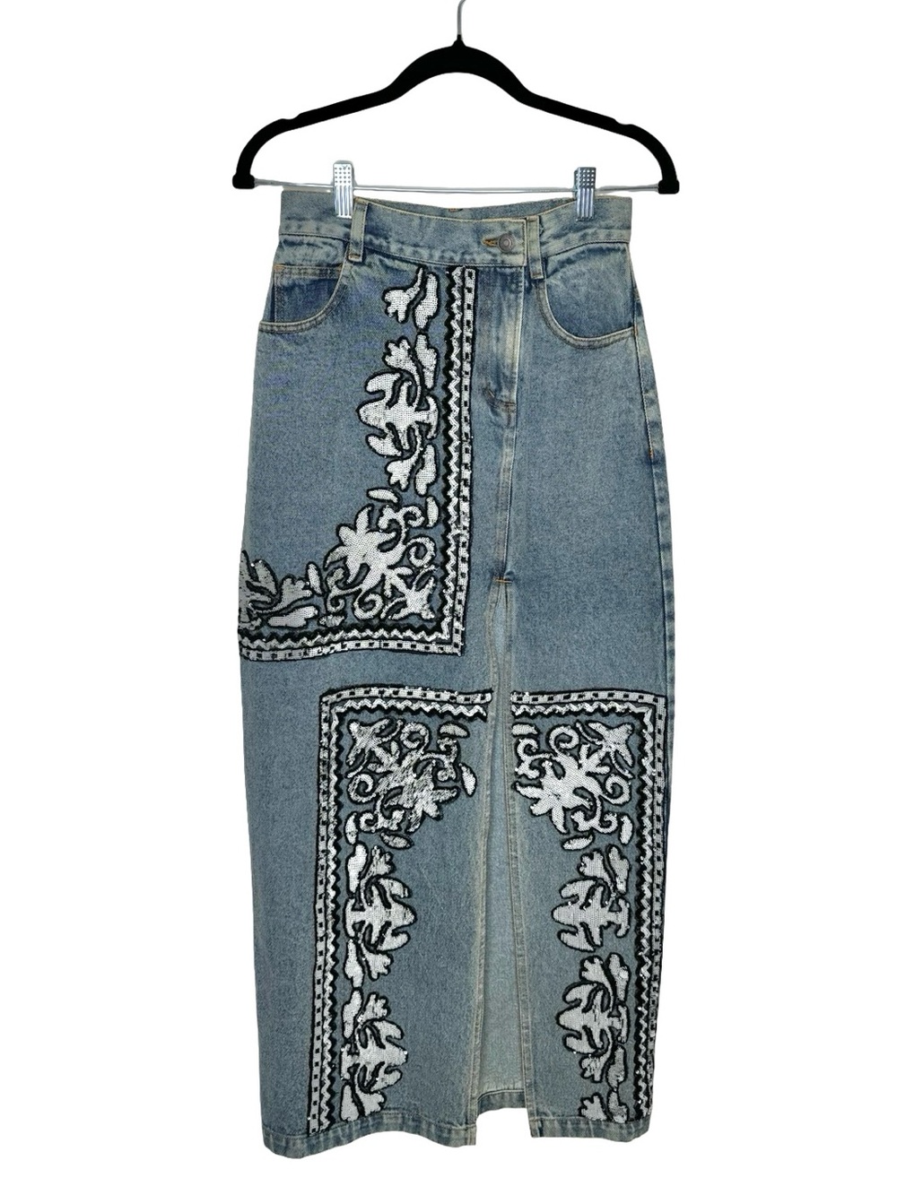 Dhruv Kapoor | Hand-Applique Embroidered Denim Maxi Slit Skirt 4